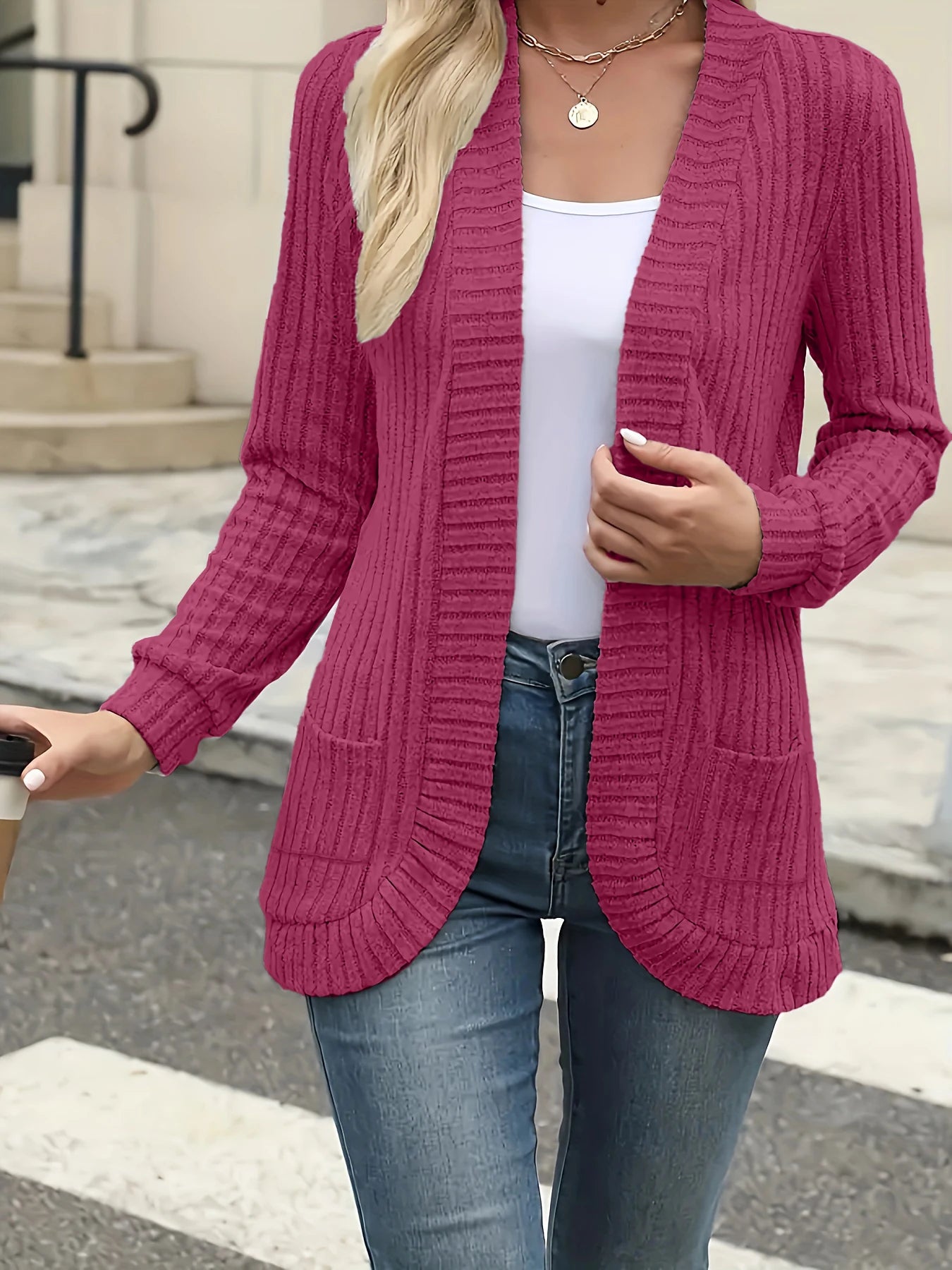 New fashion women's solid color casual pit stripe brushed cardigan jacket