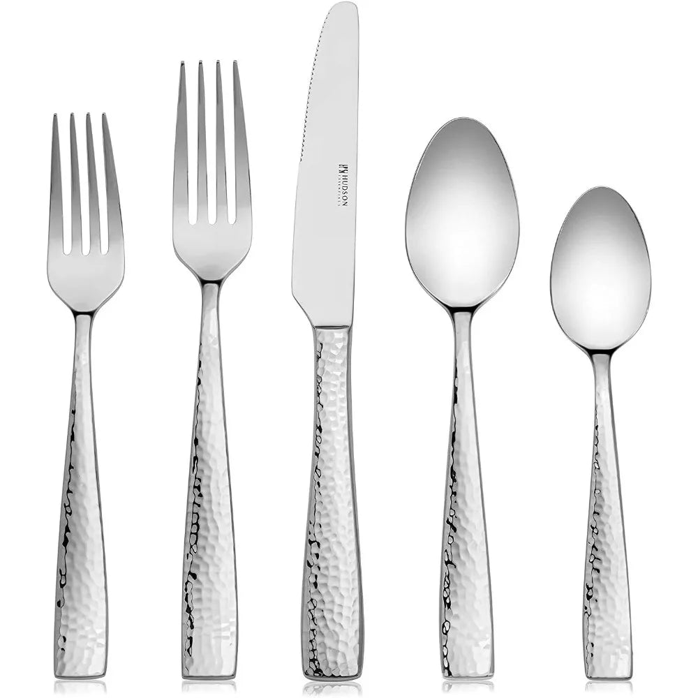 60-Piece Hammered Stainless Steel Silverware Set for 12, Elegant 18/10 Flatware Collection