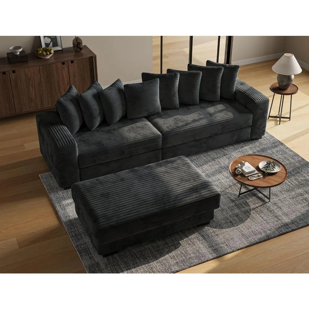 L-Shaped Modular Sectional Sofa with Chaise Lounge, Plush Corduroy Cloud Couch, Deep Seating for Living Room in Black