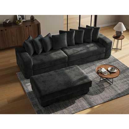 L-Shaped Modular Sectional Sofa with Chaise Lounge, Plush Corduroy Cloud Couch, Deep Seating for Living Room in Black
