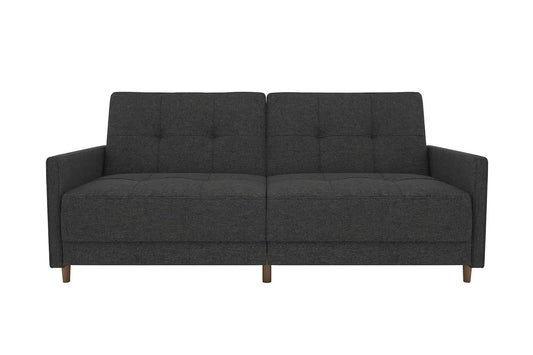 Andora 76 Inch Futon Sofa Bed, Modern Upholstered Couch Sleeper with Button Tufted Back and Seat, Dark Gray