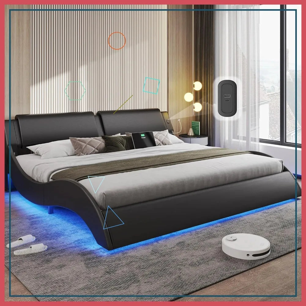 Modern King Size LED Bed Frame with USB Charging Ports, Low Profile Platform Bed with RGB Lights and Wood Slats Support, Black