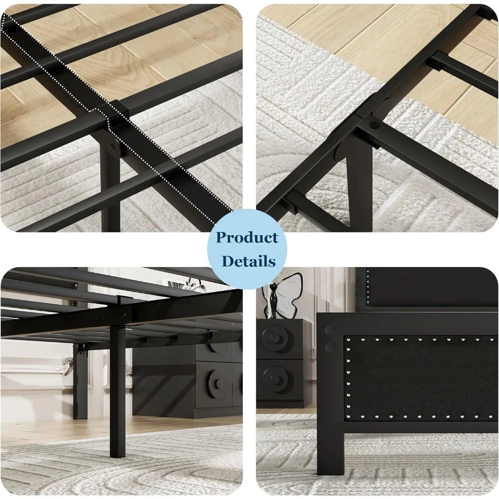 Queen Size Bed Frame with Upholstered Headboard, Heavy-Duty Platform w/Strong Metal Slats, No Box Spring Needed, Easy Assembly