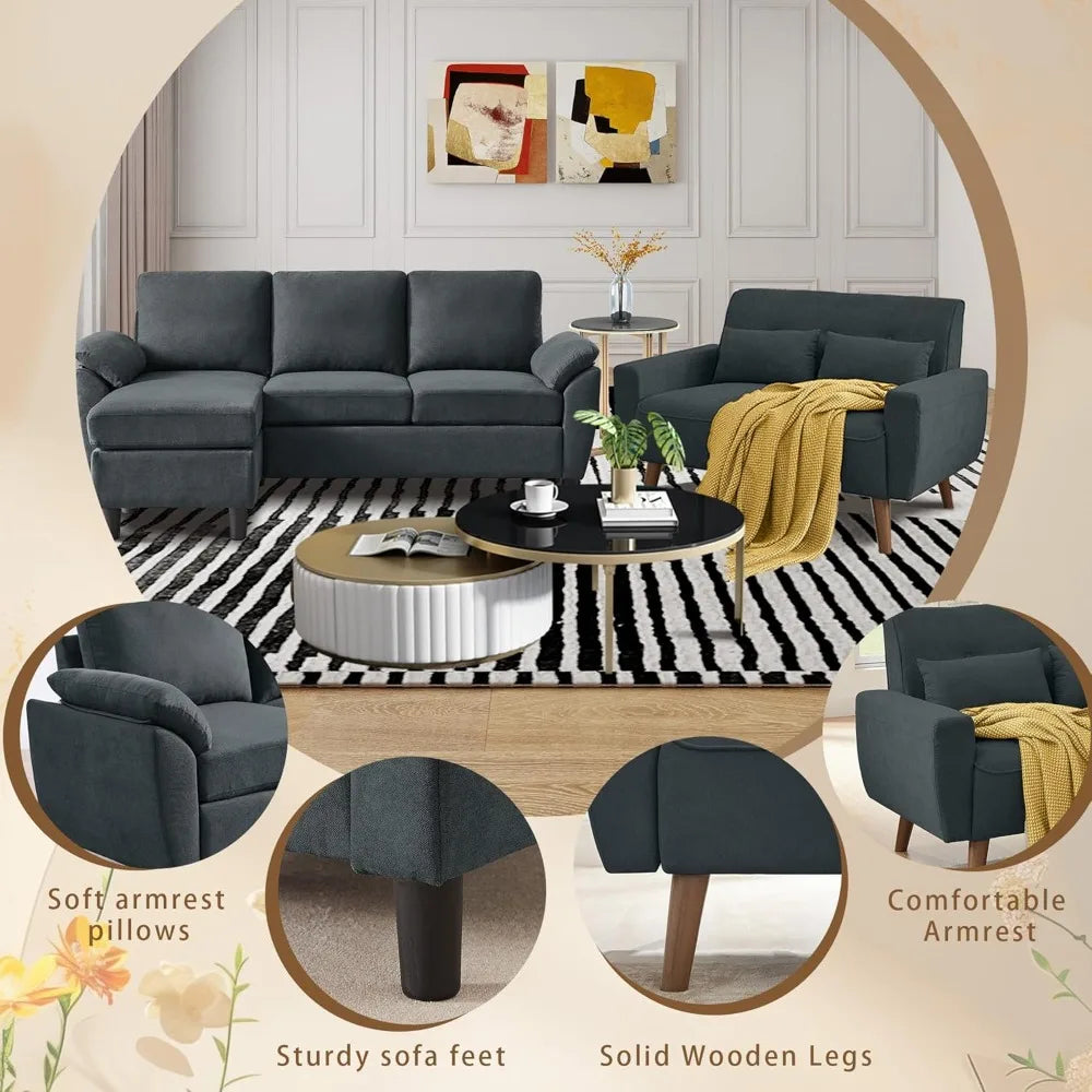 79" Convertible Sectional Sofa Sets, Modern L Shaped 3-Seat Couches with Reversible Chaise and Loveseat Sets for Living Room