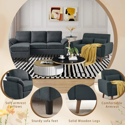 79" Convertible Sectional Sofa Sets, Modern L Shaped 3-Seat Couches with Reversible Chaise and Loveseat Sets for Living Room