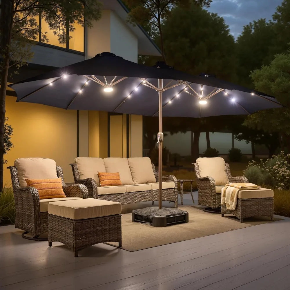 15ft Large Patio Umbrellas with Base & Solar Lights,Outdoor Rectangle Double-Sided Market Umbrella with Stand & 38 LED Lights,Ou