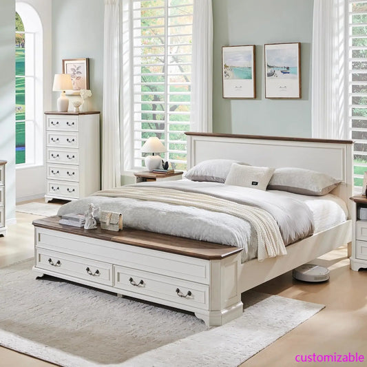 Farmhouse Queen Bed with Headboard and Storage Bench, Rustic Wood Platform Bed with 64" Storage Chest w/ 4 Large Storage Drawer