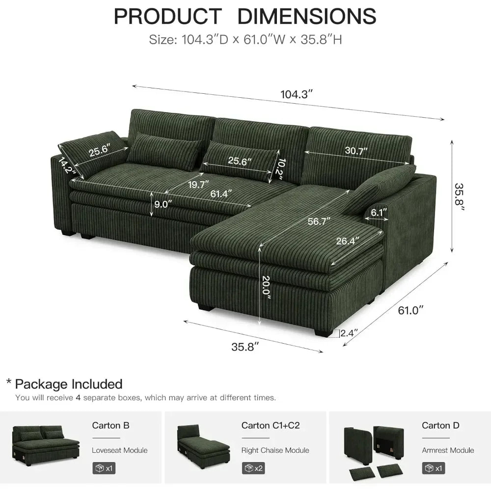 Large Modular Sectional Sofa with Deep Chaise, 104" Corduroy L Shaped Couch with 9" Soft Dual-Layer Seats Cushion Customized