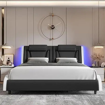 Keyluv Upholstered Platform Bed Frame with Adjustable LED Headboard, Pu Leather, Wave-Like Curve Design and Solid Wooden Slats S