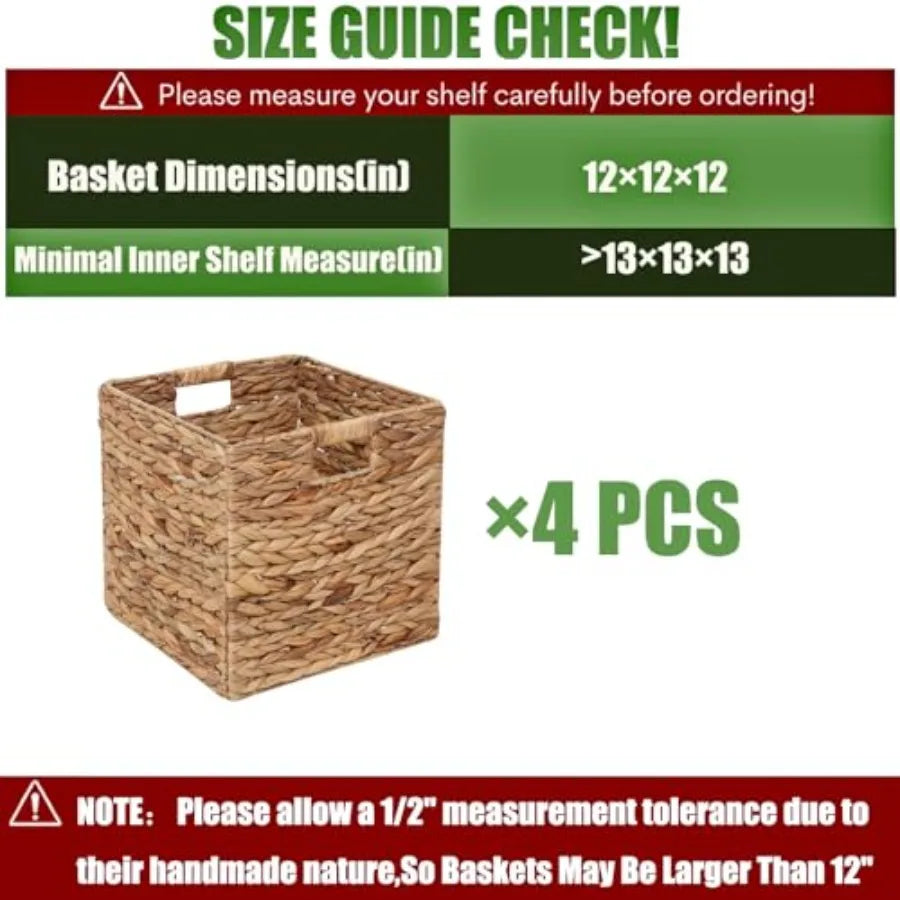 12x12in Storage Baskets Set of 4 Water Hyacinth Baskets Foldable Handwoven Storage Cubes Wicker Cube Baskets Laundry Organizer