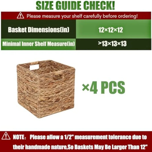 12x12in Storage Baskets Set of 4 Water Hyacinth Baskets Foldable Handwoven Storage Cubes Wicker Cube Baskets Laundry Organizer