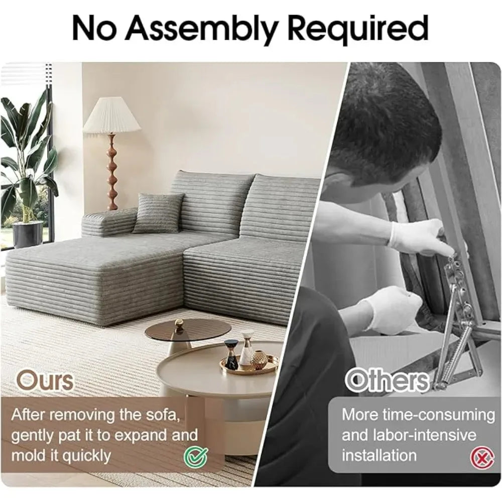 107.5" Boneless Corduroy Living Room Sofa – L-Shaped Cloud Sectional with Chaise, Modular Deep Seat & No Assembly