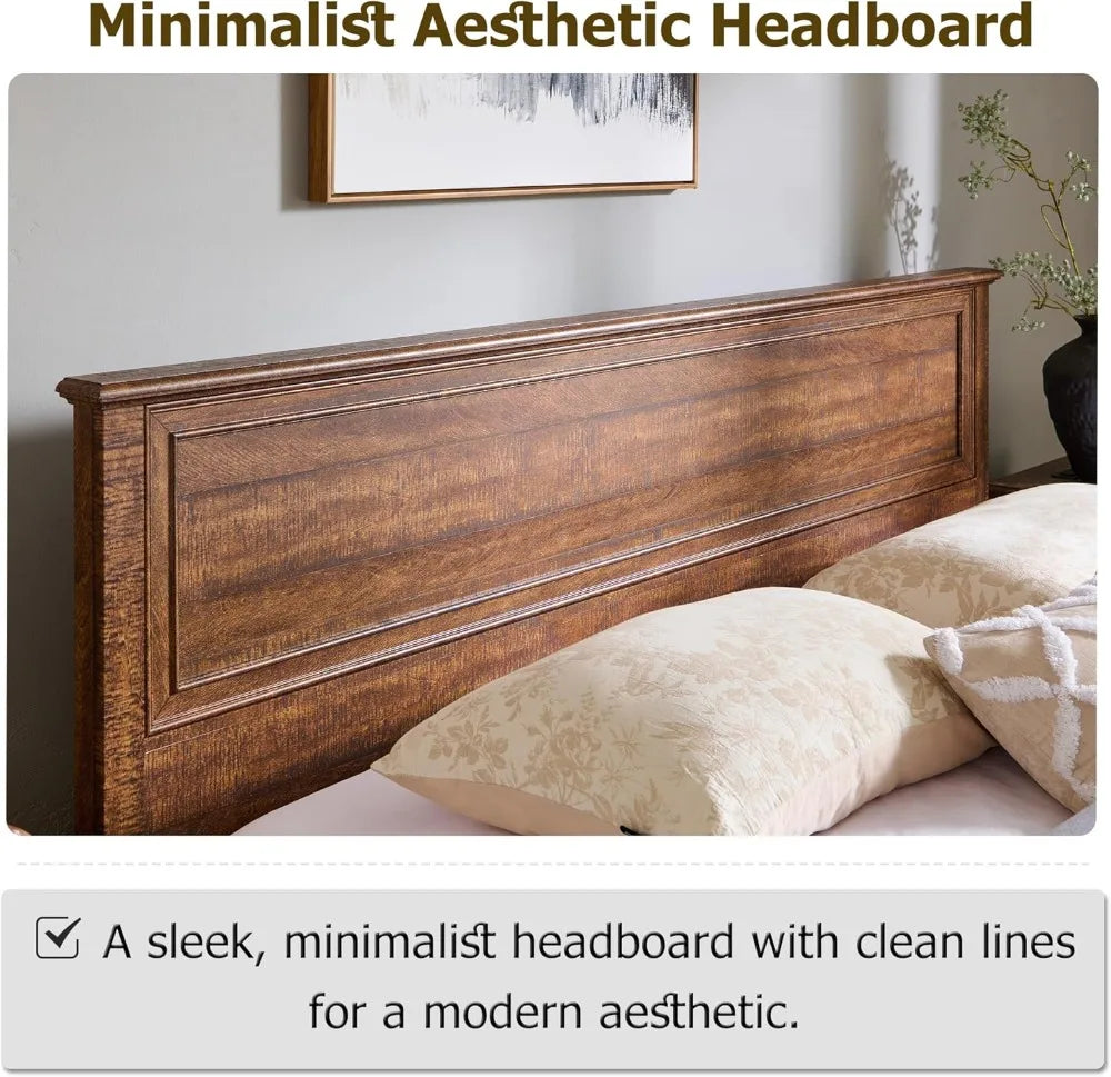Rustic Wood King Bed with Storage Bench and 4 Large Drawers, Dark Brown Farmhouse Platform Bed