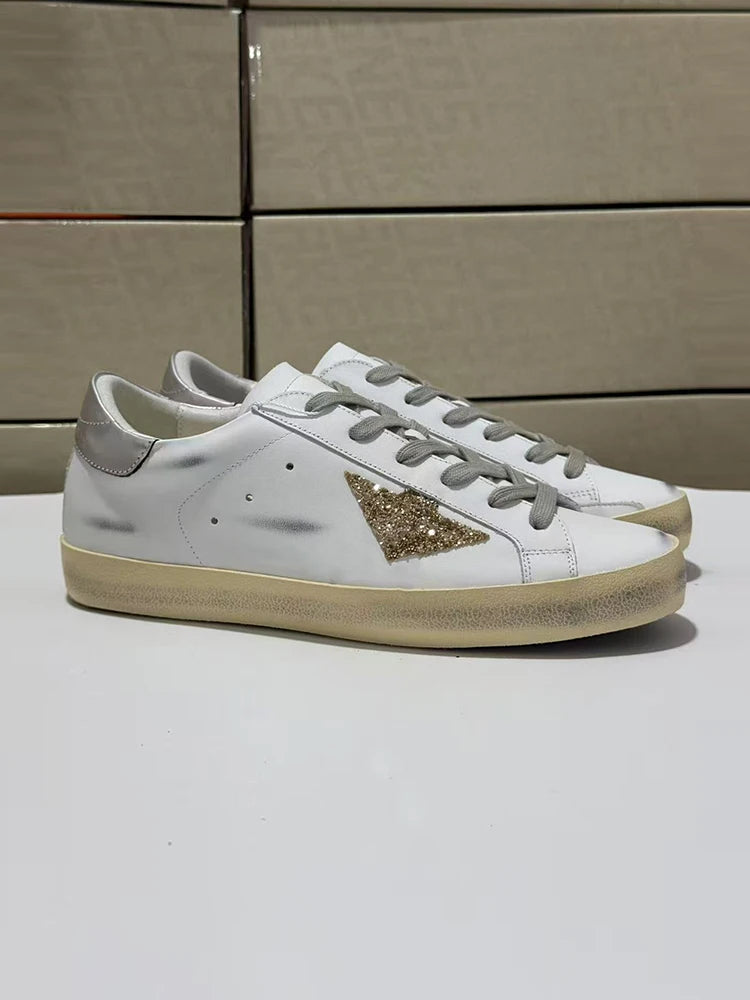 Spring Summer Fashion Casual Low-top Shiny Shoelaces Shoes Women's Round Toe Patchwork Diamond Heel Flat Bottom Sports Shoes