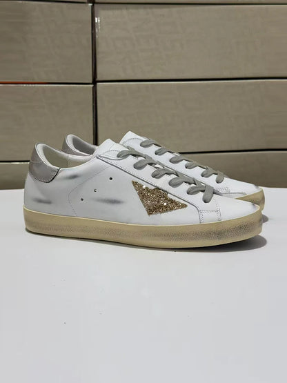 Spring Summer Fashion Casual Low-top Shiny Shoelaces Shoes Women's Round Toe Patchwork Diamond Heel Flat Bottom Sports Shoes