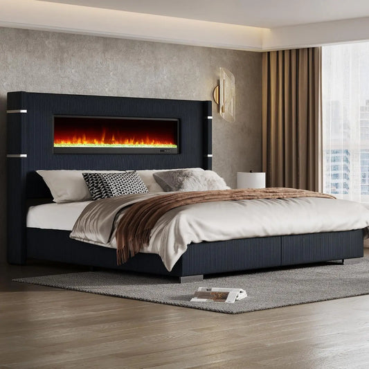 Modern California King Size Bed Frame with Fireplace, Corduroy Upholstered Bed Frame with 60.4“ Extra Tall, Customized
