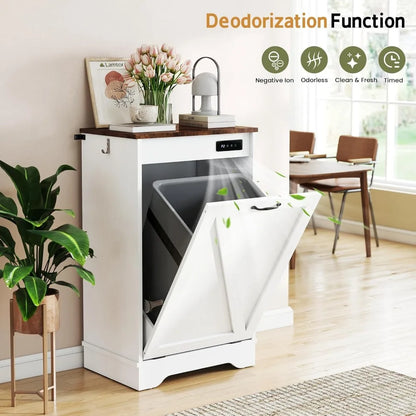 Tilt-Out Trash Can Cabinet - Hidden Garbage Can Cabinet with Ion Deodorizer, Wooden Trash Bin Holder for Kitchen, Living Room,
