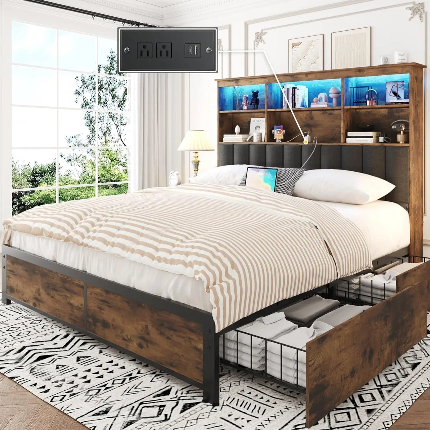 Queen Bed Frame with Headboard, Queen Bed Frame with High Storage Bookcase Headboard, 4 Storage Drawers & Charging, Customized