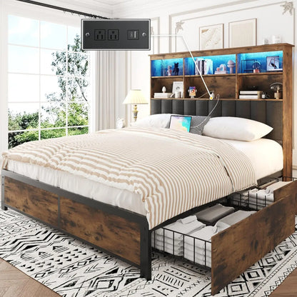 Queen Bed Frame with Headboard, Queen Bed Frame with High Storage Bookcase Headboard, 4 Storage Drawers & Charging, Customized