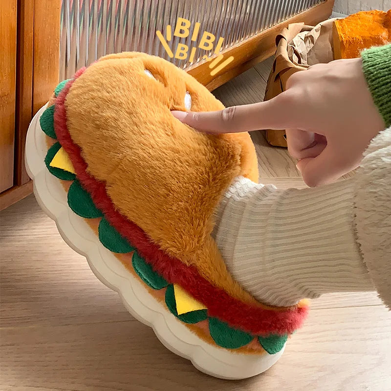 Cute Hamburger Home Cotton Slippers Women's Autumn and Winter Plush Cotton Shoes Women's Slippers Men's Baotou Drag