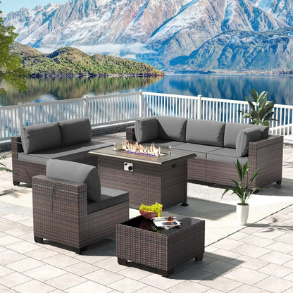 12 Pieces Outdoor Patio PE Rattan Sectional Sofa Set with Cushions & Tempered Glass Coffee Table for Garden Porch, Customized