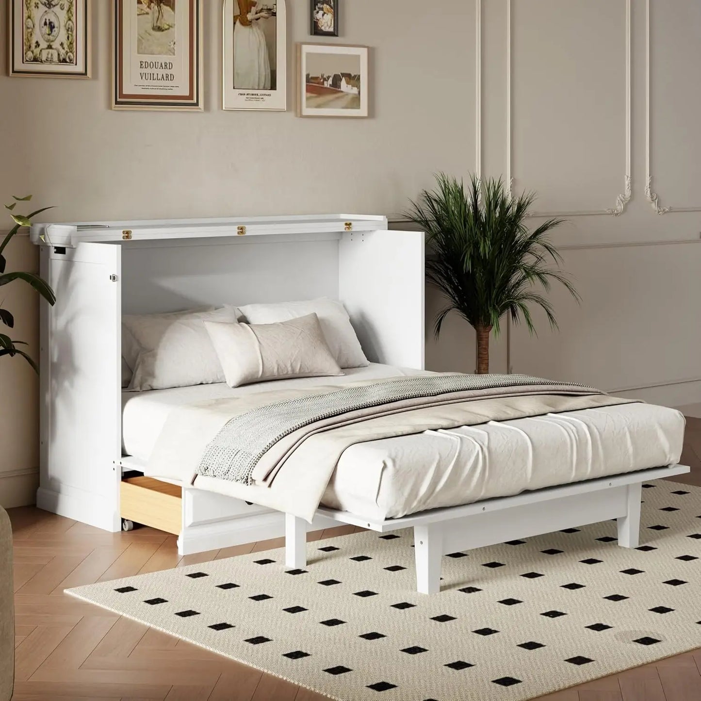 Queen Size Murphy Bed, Solid Pine Queen Murphy Bed Frame Chest Cube Cabinet with Charging Station and Large Storage Drawer for H