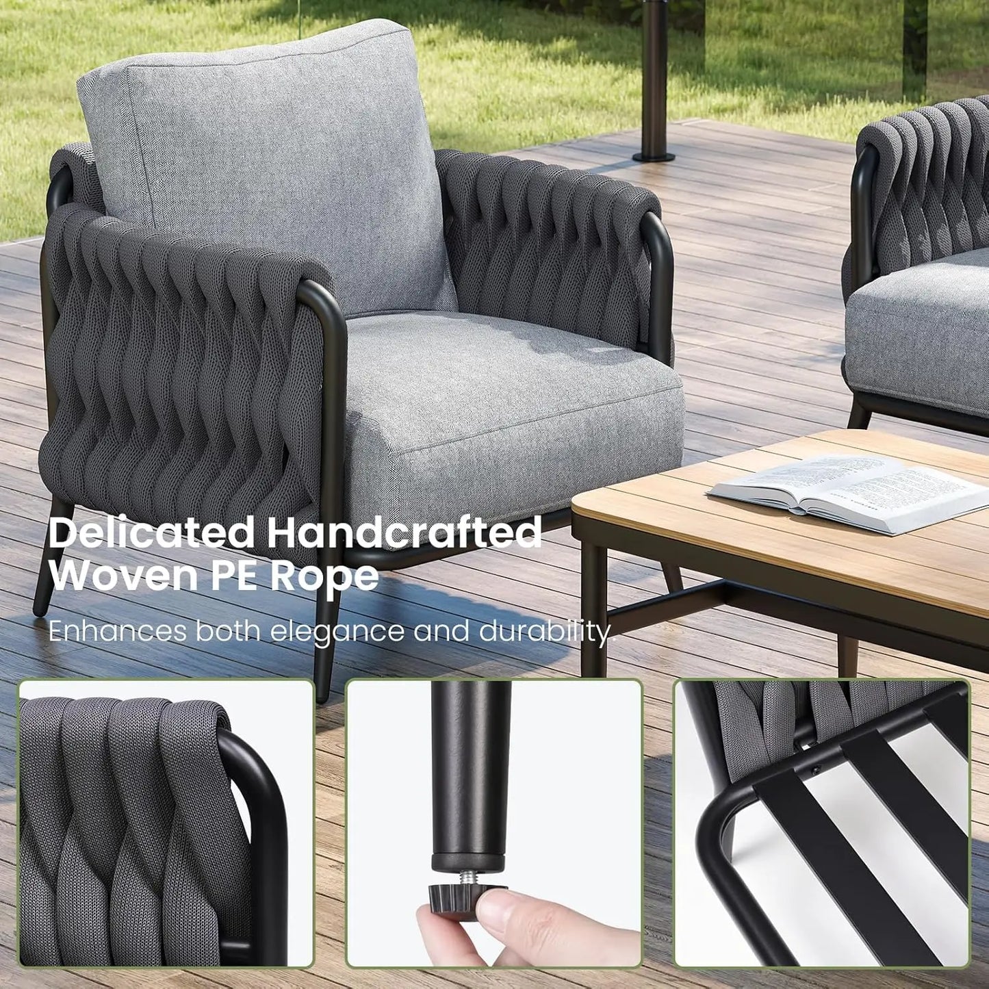 Outdoor Patio Furniture Set 6-Piece, Outdoor 5-Seat Sofa with Coffee Table, Waterproof Thick Cushion Patio Conversation Set, All