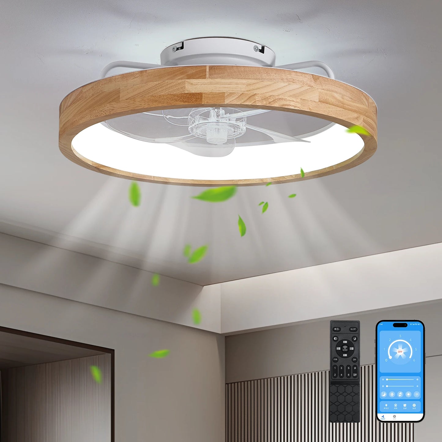 ARLGSITE 20'' Low Profile Ceiling Fans with Lights Modern Flush Mount Wood Ceiling Fan and Remote Dimmable LED Arc Wooden Frame