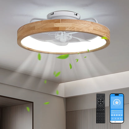 ARLGSITE 20'' Low Profile Ceiling Fans with Lights Modern Flush Mount Wood Ceiling Fan and Remote Dimmable LED Arc Wooden Frame