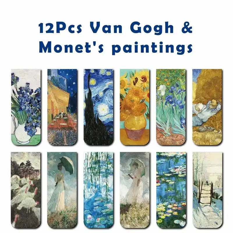 12pcs Artistic Magnetic Bookmarks Featuring World Famous Paintings by Van Gogh & Monet - Ideal for School, Office, And Art Lover