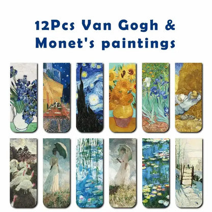 12pcs Artistic Magnetic Bookmarks Featuring World Famous Paintings by Van Gogh & Monet - Ideal for School, Office, And Art Lover
