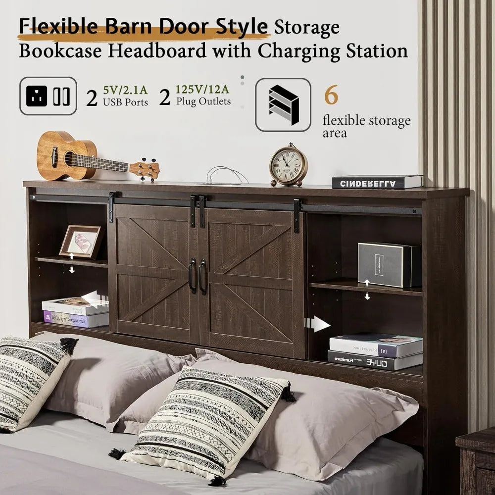 VanAcc Queen Size Bed Frame, Wooden Platform Storage Bed with 51.2" Bookcase Headboard, 2 Drawers, Charging Station/No Box Sprin