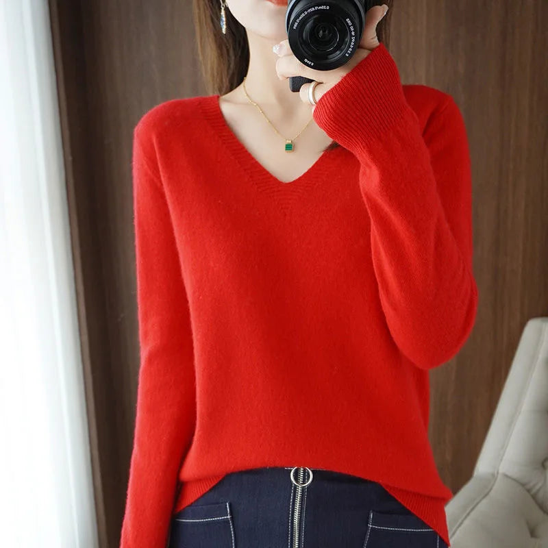 Women Solid Sweater Spring Autumn Woolen Pullovers V-neck Slim Fit Bottoming Shirt Solid Soft Knitwear Jumpers Basic Sweaters