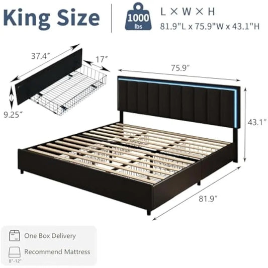 King Bed Frame with 4 Drawers Storage Bed Frame King Size with LED Lights Upholstered Bed Frame with Headboard,Customized