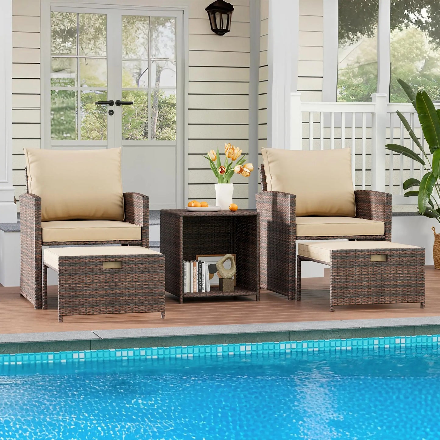 5-Piece All-Weather Pe Rattan Patio Set, High Back Chairs With 2 Ottomans & Table, Soft Cushions For Garden & Porch