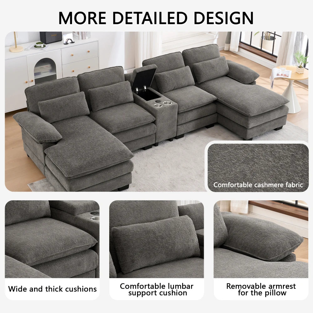 124" Luxury Modern Modular U-Shaped Sectional Sofa, 4-Seater Chenille Cloud Couch w/ Storage Console, Cup Holders & Pillows