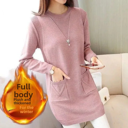 2024 New Style Korean Version Loose-Fit Medium-Length Knit Base Layer Top Women's Pullover Sweater Skirt Fleece-Lined Thickened