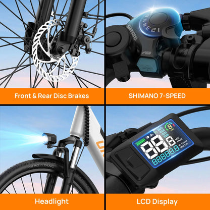 750W E-Bike Commuter 26x2" Tires 48V 10.4Ah Removable LCD Display 20MPH Speed 7-Speeds Hydraulic Disc Brakes for Adults