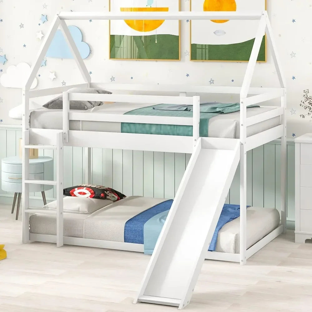 House Bunk Bed with Convertible Slide and Ladder, Floor Bunk Bed Twin Over Twin Bunk Bed with Roof and Security Guardrails