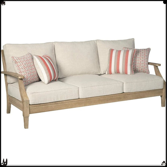 Signature Design by Ashley Clare View Coastal Outdoor Patio Eucalyptus Sofa with Cushions, Beige