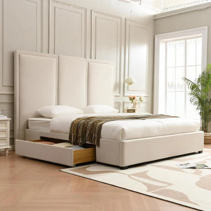 King Size Bed Frame with 64-inch High Headboard, Simple and Airy Linen Upholstered Platform Bed with Storage, Customized