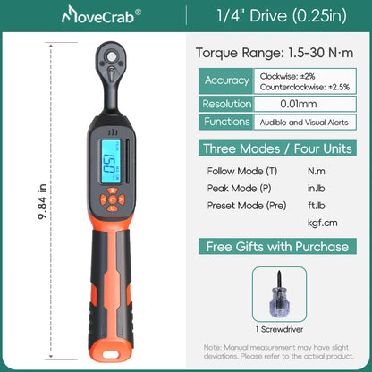 MOVECRAB Digital Torque Wrench 1-340N.m 2% Accuracy Preset & LED/Buzzer Alerts for Bike Motorcycles Automotive Mechanical Tool