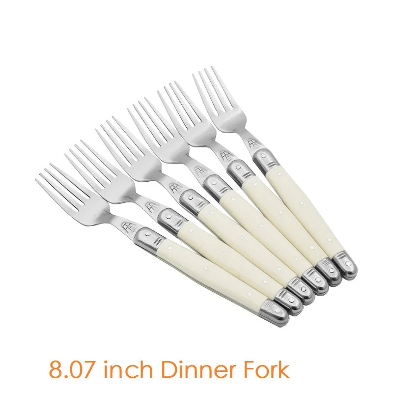 4/6/24pcs Laguiole Ivory White Silverware Stainless Steel Steak Knives Table Forks Dinner Spoons Dessert Teaspoon Xmas Cutlery