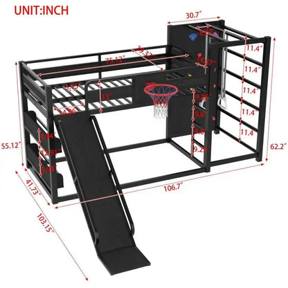Twin Loft Bed with Slide, Basketball Hoop, Climbing Wall, and Shelves - Black Metal Gaming Bed