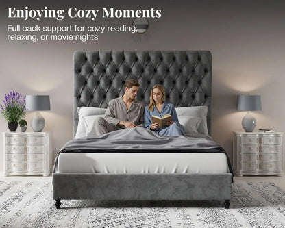 King Size Bed Frame with 59" Tall Upholstered Headboard, Luxury Velvet Bed with Handcrafted Deep-Tufted Design and, Customized