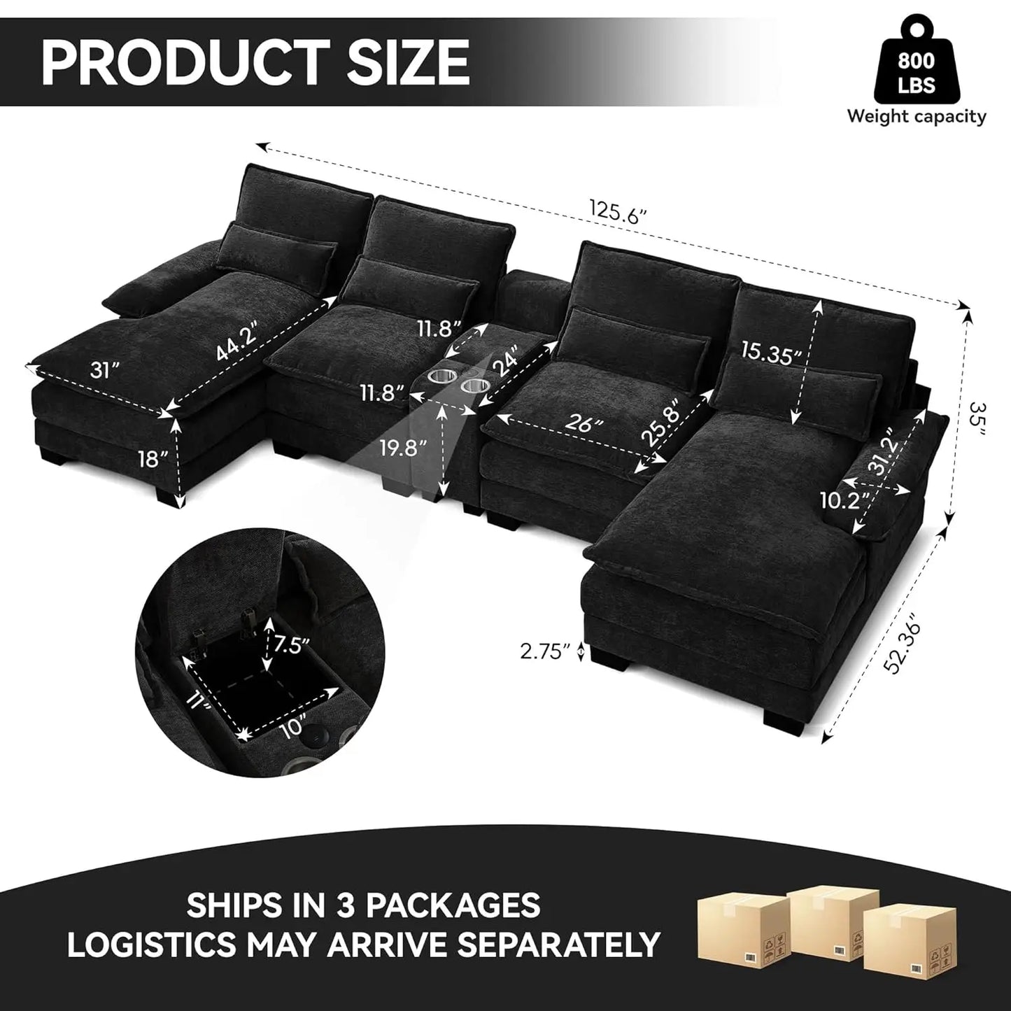 125" U Shaped Cloud Modular Sectional Couch for Living Room, Small Comfy Chenille Sofa with Double Chaise Lounge,, Customized