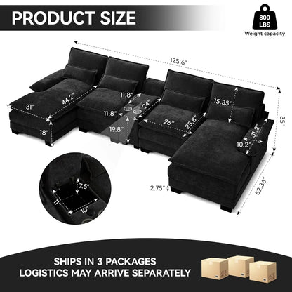 125" U Shaped Cloud Modular Sectional Couch for Living Room, Small Comfy Chenille Sofa with Double Chaise Lounge,, Customized