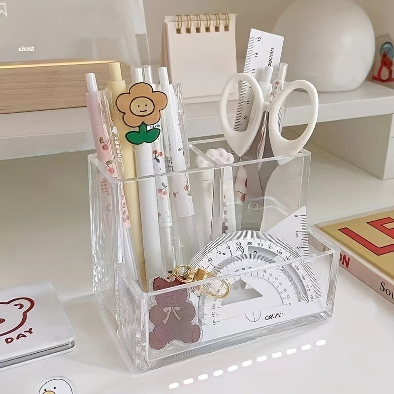 Transparent 3-Compartment Pens Holder Acrylic Desk Organizer Pens Pencils Markers Desktop Storage Box for Office School Supplies