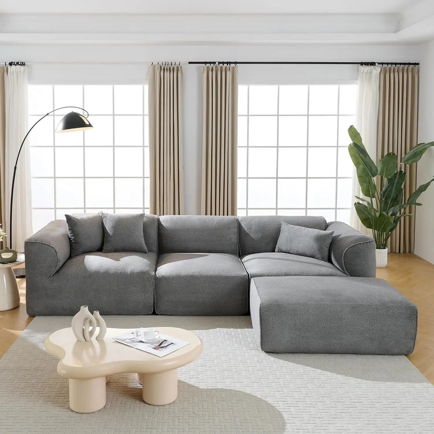 122” Modular Sectional Sofa, Cloud Sectional Boneless Couch with Deep Seat and Movable Ottoman, Modern Oversized, Customized