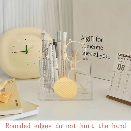Transparent 3-Compartment Pens Holder Acrylic Desk Organizer Pens Pencils Markers Desktop Storage Box for Office School Supplies